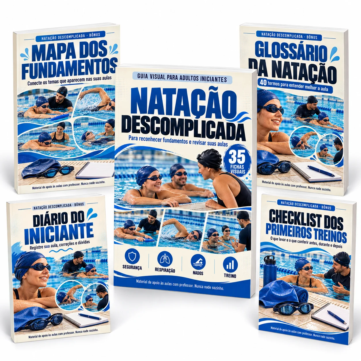 Mockup ilustrativo dos cinco PDFs do plano Completo